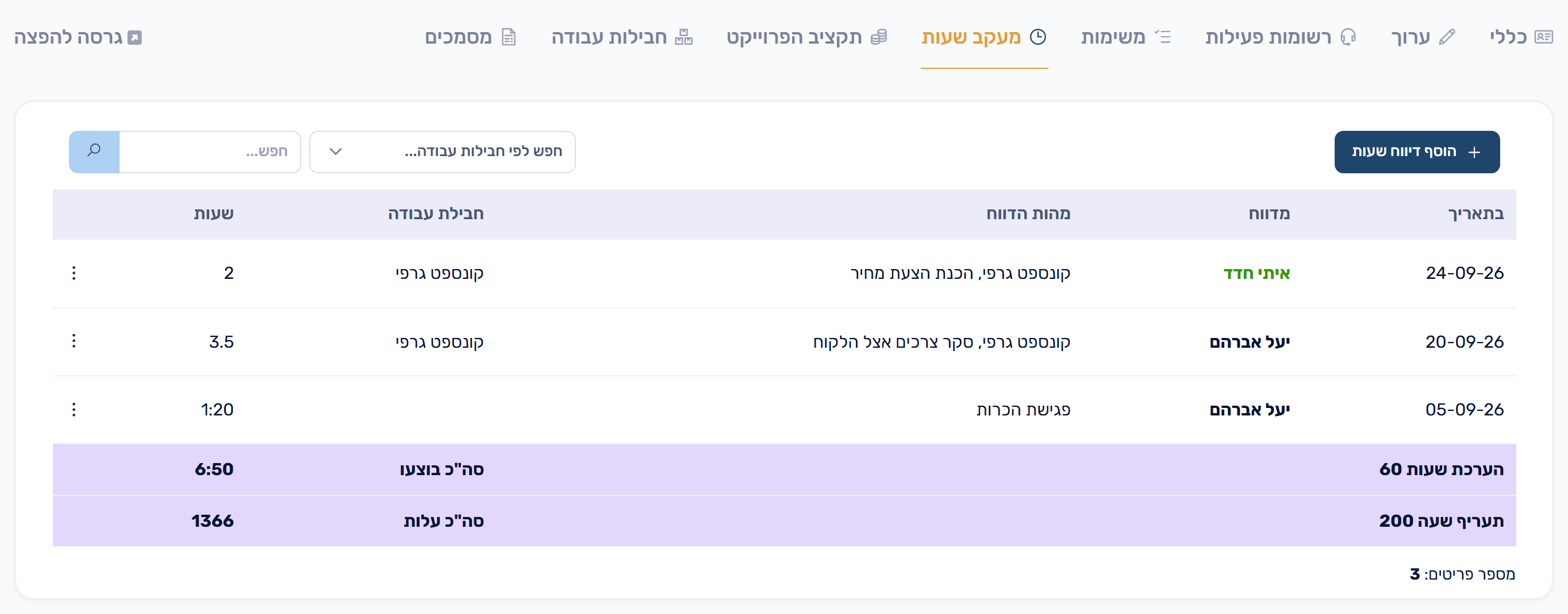 לשונית מעקב שעות
